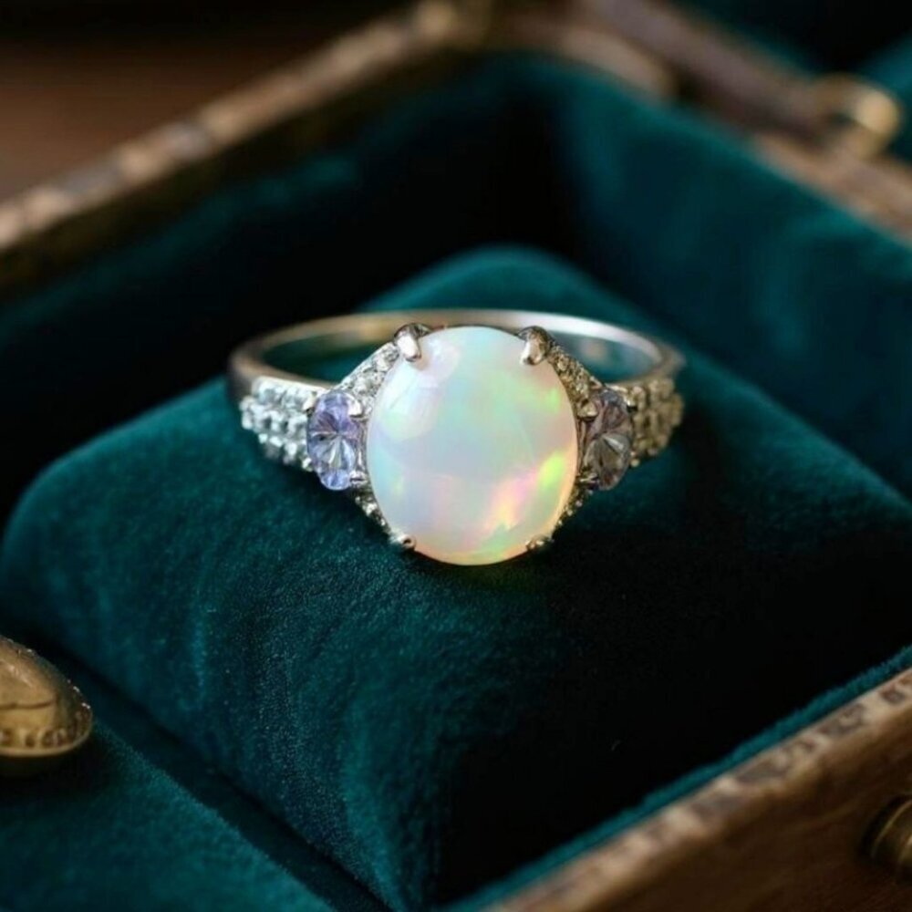 Ethiopian Opal ✦ Tanzanite Aurora Grove Ring ✦ 2.00ctw Rhodium Over Sterling 6